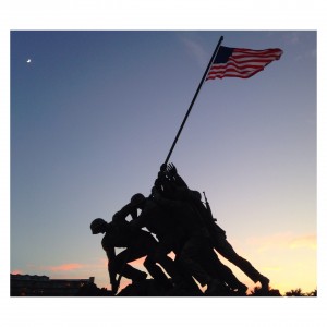 US Marine Corps War Memorial, better known as the Iwo Jima Memorial, at sundown.
