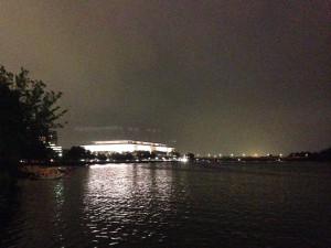 A nighttime view of the John F. Kennedy Center for the Performing Arts, from theGeorgetown Waterfront