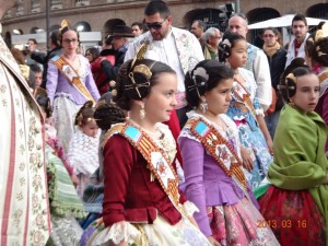 Girls dressed in the traditional Valencian costumes for Las Fallas