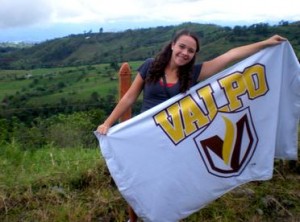Sporting a little Valpo pride with the beautiful mountain backdrop at Guayabo, Costa Rica 