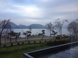The view from our hotel room.  Lake Toya, a volcanic caldera lake.
