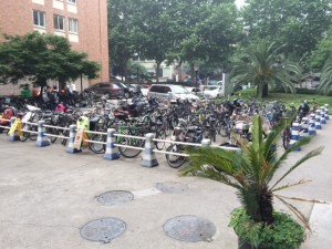 One the many areas for bikes and scooters on campus