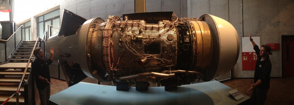A fancy-dancy thrust-reversing jet engine, modeled by the ever-patient Nicks Sondag.  