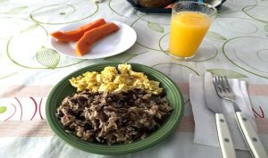 Pinto (Costa Rican Style Rice and Beans), Eggs, Papaya, Orange Juice